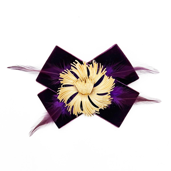 Double ruffle bow brooch in purple and black