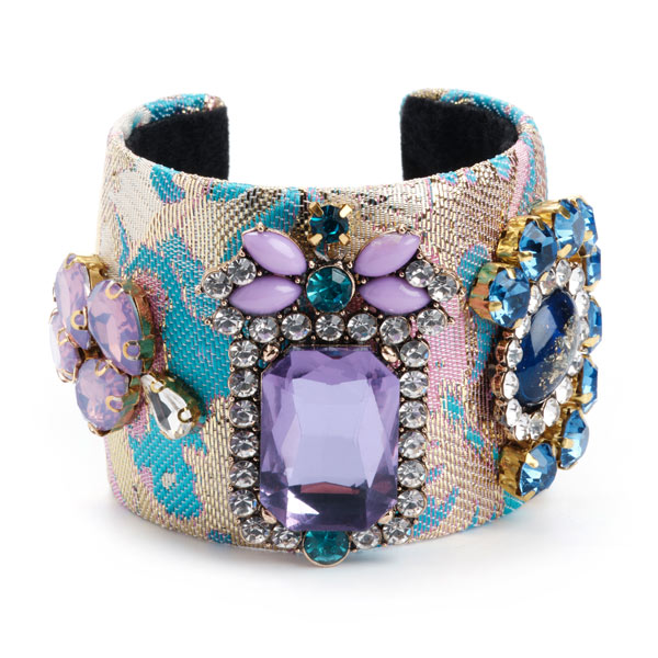 Gold-blue floral brocade metal cuff bracelet