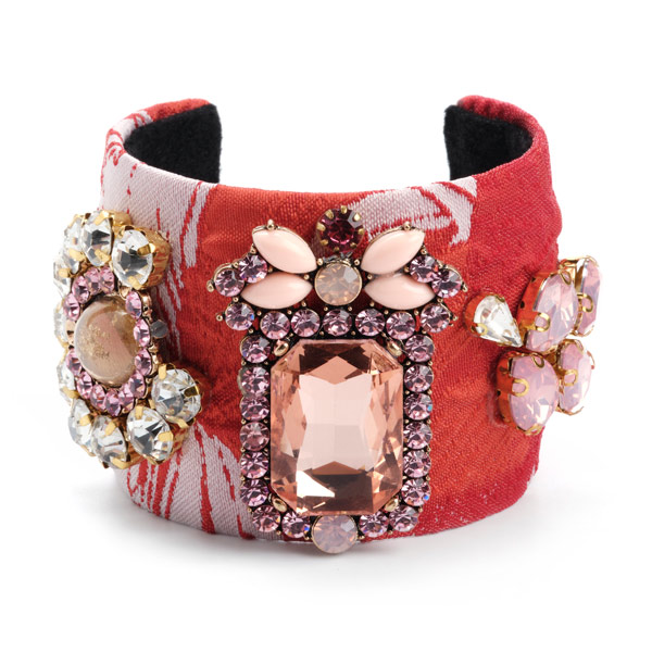 Red floral brocade metal cuff bracelet