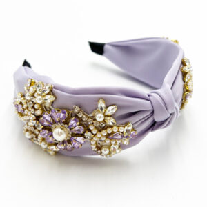 Violet satin headband with rhinestones and pearls