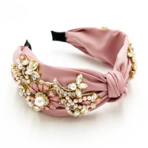 Dusty pink satin headband with rhinestones and pearls