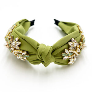 Light olive satin headband with rhinestones and pearls