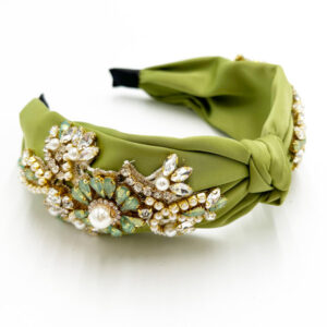 Light olive satin headband with rhinestones and pearls