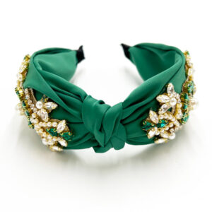Emerald satin headband with rhinestones and pearls