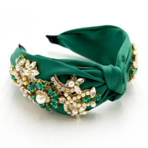 Emerald satin headband with rhinestones and pearls