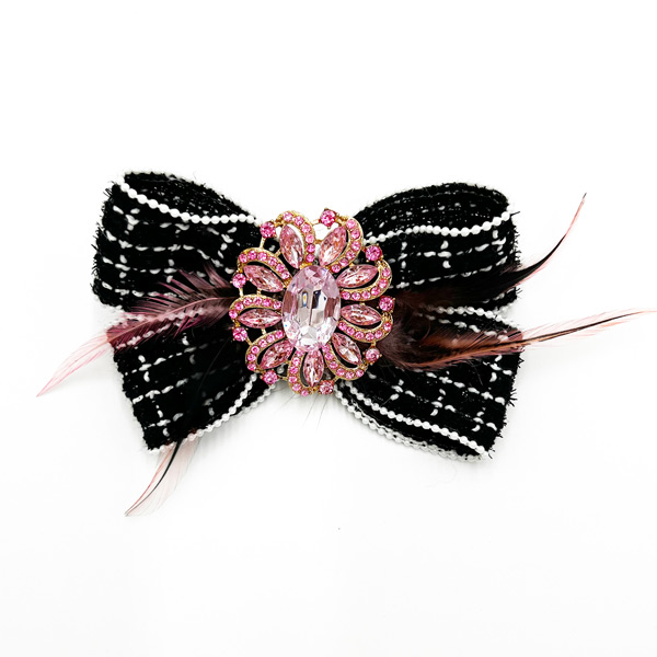 Double ruffle bow brooch in black and pink